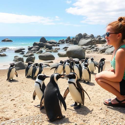 A family looking at penguins on Boulders Beach near Cape Town.