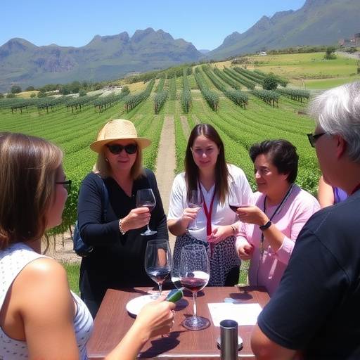 A group of people tasting wine in a vineyard in Stellenbosch