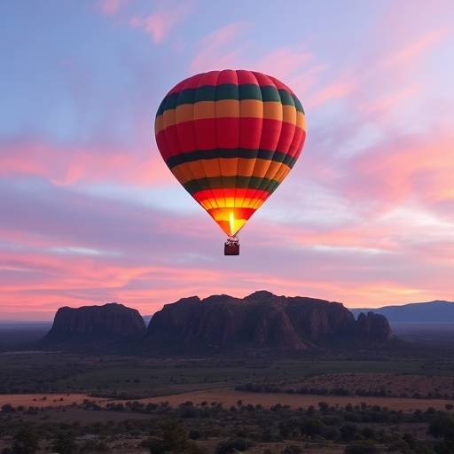 A hot air balloon flying over the Magaliesberg mountains at sunrise