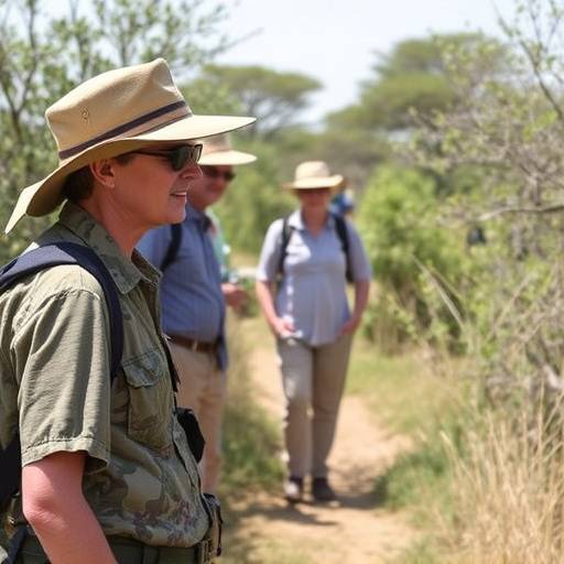 A photograph of a tour guide assisting a visually impaired tourist on a nature walk in Kruger National Park.