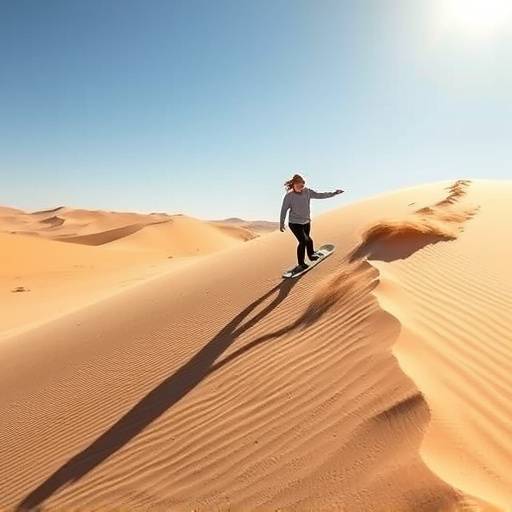 A tourist sandboarding down a large dune in the Namib Desert