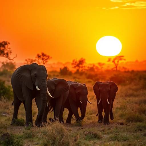 Elephants grazing in Kruger National Park at sunset