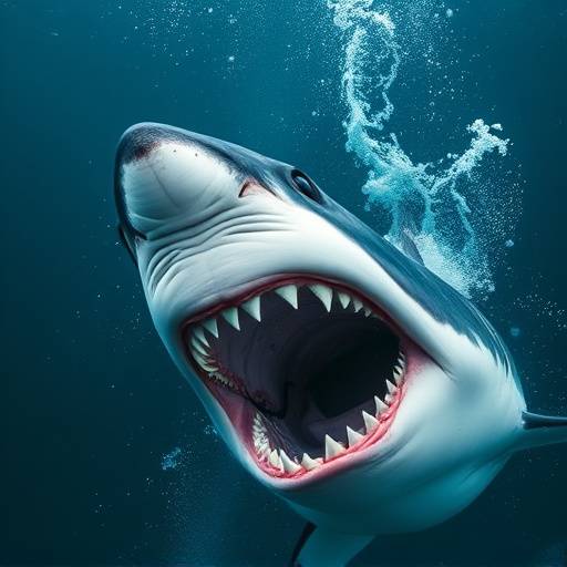 Great white shark breaching the water during a shark cage diving experience