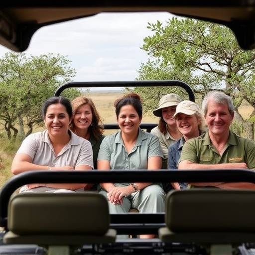 Group photo of the Kruger Escapes team smiling and standing together in front of a safari vehicle
