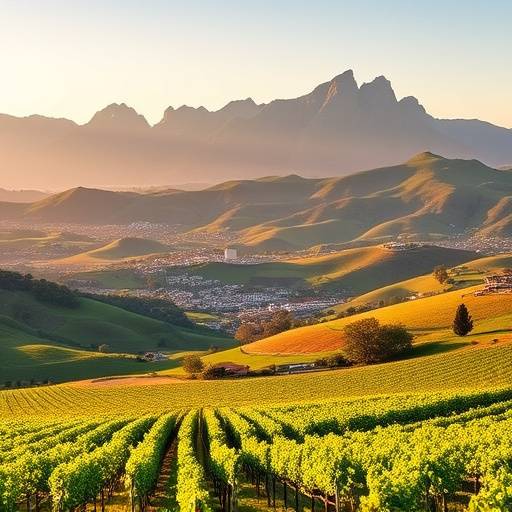Rolling hills and vineyards in the Stellenbosch wine region