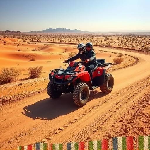 Tourists riding quad bikes through a desert landscape during an adventure tour